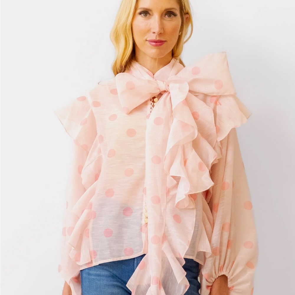 Beulah Light Pink Polka Dot Ruffle Blouse